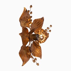 Vintage Italian Gold Metal Wall Light with Flowers and Leaves