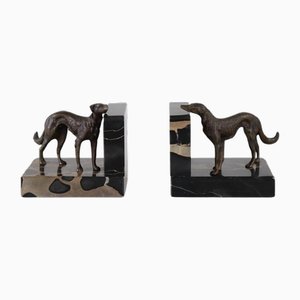 Art Deco Buchstützen mit Bronze Greyhounds auf einem Sockel aus feinem schwarzem Marmor, 2 . Set