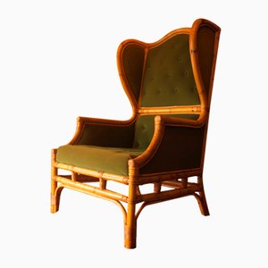 Mid-Century Wing Sessel aus Bambus & Olivgrünem Samt, 1960er
