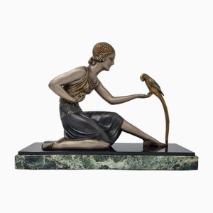Demetre Chiparus, Art Deco Young Lady with a Parrot, 1920s, Metal & Marble