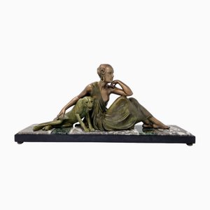 Armand Godard, Art Deco Sculpture Nude with Panther, 1920s, Metal & Marble