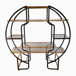 Large Hollywood Regency Round Room Divider Shelf in Black Metal and Brass, 1970s