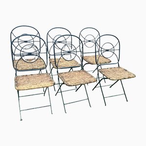 Vintage Folding Chairs in Wrought Iron and Wicker, Set of 6