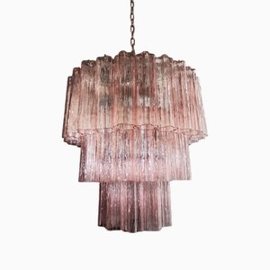 Large Three-Tier Murano Pink Glass Tube Chandelier, 1990
