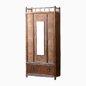 Armoire Mid-Century en Canne de Bambou et Rotin Tissé avec Détails en Laiton, 1950s
