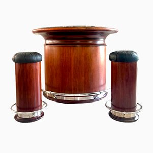 French Bar with Stools in Rosewood, 1940s, Set of 3