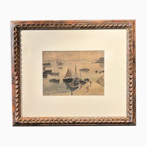 Henry Maurice Cahours, Return from Fishing, Watercolor, 1930s, Framed