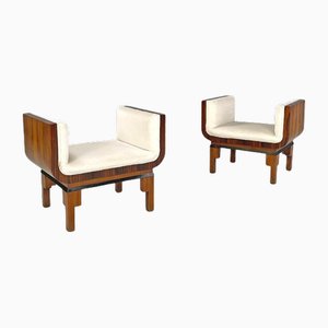 Puf italianos Art Déco de madera y terciopelo crema, años 30. Juego de 2