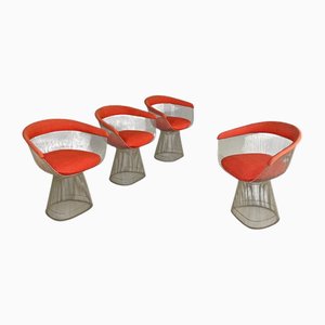 Sedie moderne in metallo e tessuto rosso attribuite a Warren Platner per Knoll, anni '70, set di 4