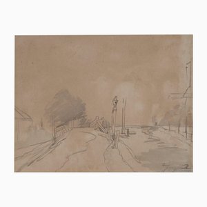Johan Barthold Jongkind, Leinpfad entlang eines Kanals und einer Mühle, Original Aquarell