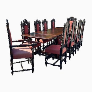 Oak Extending Plank Top Refectory Dining Table & 10 Chairs, Set of 11