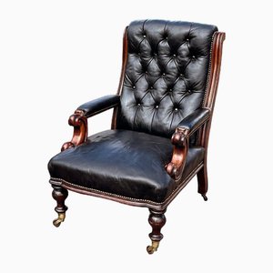 Victorian Black Leather Buttoned Back Armchair