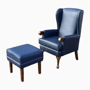 Blue Leather Armchair & Foot Stool, Set of 2