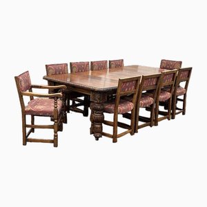 Antique Extending Oak Dining Table & Chairs, Set of 11