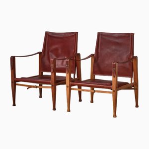 Set of Safari Lounge Chairs in Red Leather and Ash attributed to Kaare Klint for Rud. Rasmussen, 1950s