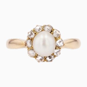 19th Century Fine Pearl Diamonds 18 Karat Yellow Gold Daisy Ring