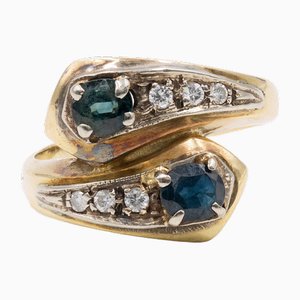 Vintage Contrarier Ring in 18k Yellow Gold with Sapphires and Diamonds, 1960s