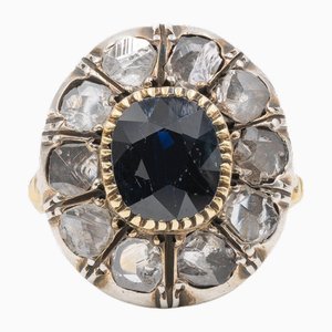 Antique Style 18k Yellow Gold and Silver Daisy Ring with Sapphire and Rose-Cut Diamonds