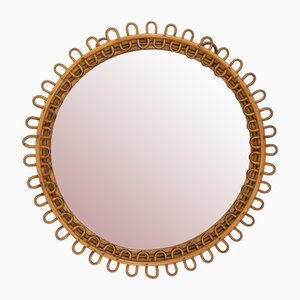 Mid-Century Round Rattan and Bamboo Wall Mirror in the style of Franco Albini Style, Italy, 1960s