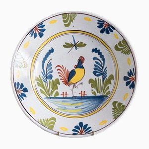 Cockerel Polychrome Dish in Desvres Faience, Late 18th Century