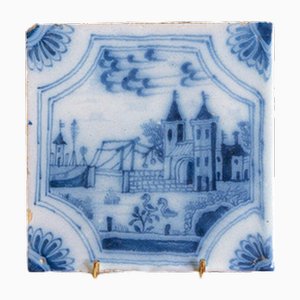Blue & White Landscape Tile in Dutch Delftware, 18th Century