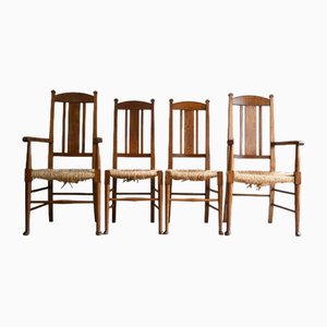 Arts & Crafts Oak & Rush Dining Chairs, Set of 4