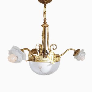 Antiker Französischer Kronleuchter aus Bronze & Glas