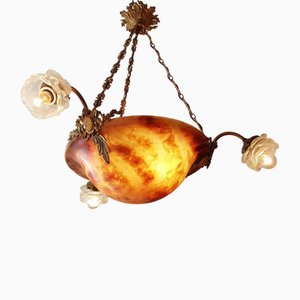 Lampadario antico, Francia, con paralumi Vianne satinati