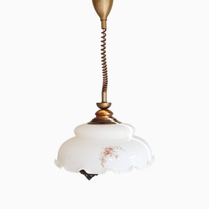 Lampada a sospensione grande in vetro opalino e legno