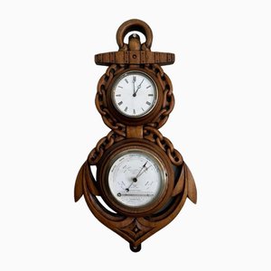 Horloge Baromètre Banjo Victorienne en Chêne Sculpté, 1860s