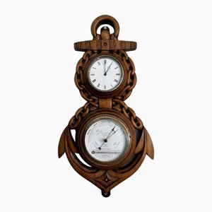 Victorian Carved Oak Banjo Clock Barometer, 1860s