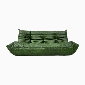Vintage Togo 3-Sitzer Sofa aus waldgrünem Leder von Michel Ducaroy für Ligne Roset