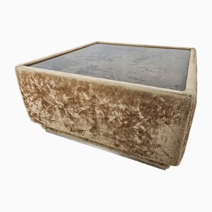 Tavolo centrale in tessuto con ripiano in vetro e bordo in acciaio, 1970