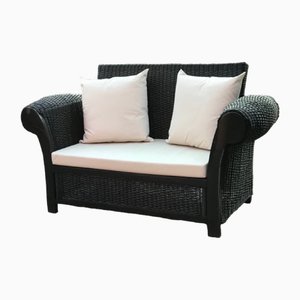 Vintage Wicker Double Sofa in Black with Cushions