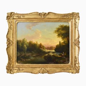 August Bauer, River Landscape with Women Bathing, 1856, Oil on Canvas, Framed