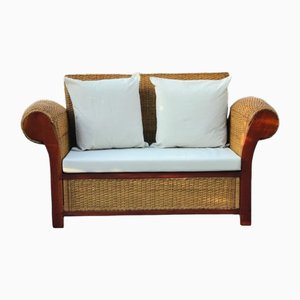 Vintage Double Seat Wicker and Wood Sofa with Cushions