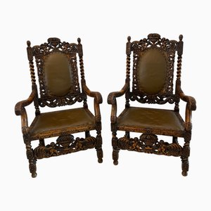 Large Antique Victorian Carved Walnut and Leather Armchairs, 1860, Set of 2