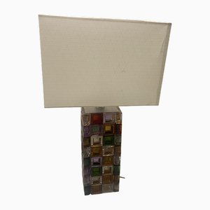 Lampe de Bureau Cube Multicolore en Verre Pressé et Acier Inoxydable attribuée à Poliarte, Italie, 1970