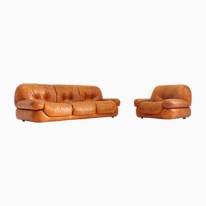 Italian Cognac Leather Sapporo Sofa and Armchair from Mobil Girgi, 1970s, Set of 2