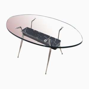 Vintage Oval Glass Coffee Table with Portoro Marble and Iron Base, 1950s