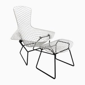 Black and White Bird High-Back Armchair 423 with Stool 424° by Harry Bertoia for Knoll International / USA, 1950s, Set of 2
