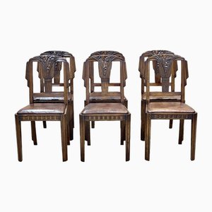 Art Deco Chairs in Oak and Leather Seats, Set of 6