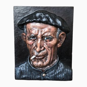 Juan Jimenez Rueda, Porträt eines rauchenden Mannes, Basrelief auf Holz, 1960er