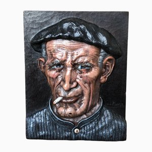 Juan Jimenez Rueda, Portrait of Man Smoking, Bas-Relief on Wood, 1960s