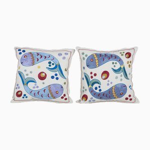 Uzbek Blue Fish Suzani Cushion Covers, 2010s, Set of 2