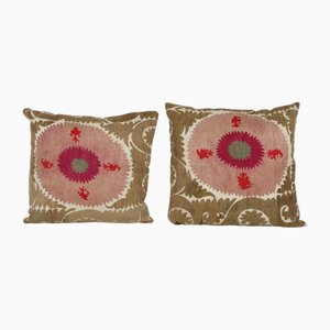 Uzbek Faded Brown Suzani Cushion Covers, 2010s, Set of 2
