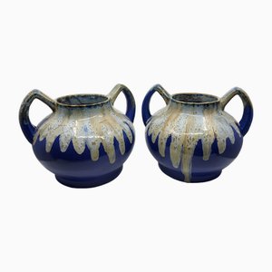 Vasi Alphonse Mouton Art Déco in ceramica blu, Francia, anni '30, set di 2