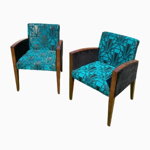 Art Deco Stühle Neu bezogen in Blaugrün & Gold, Silberner Great Gatsby Samt, 2er Set