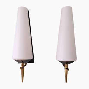Wall Lights in Brass & Black Lacquered Metal & White Satin Glass, 1950s, Set of 2
