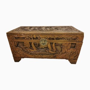 Chinese Camphor Wood Ships Chest with Maritime Carvings, 1900s